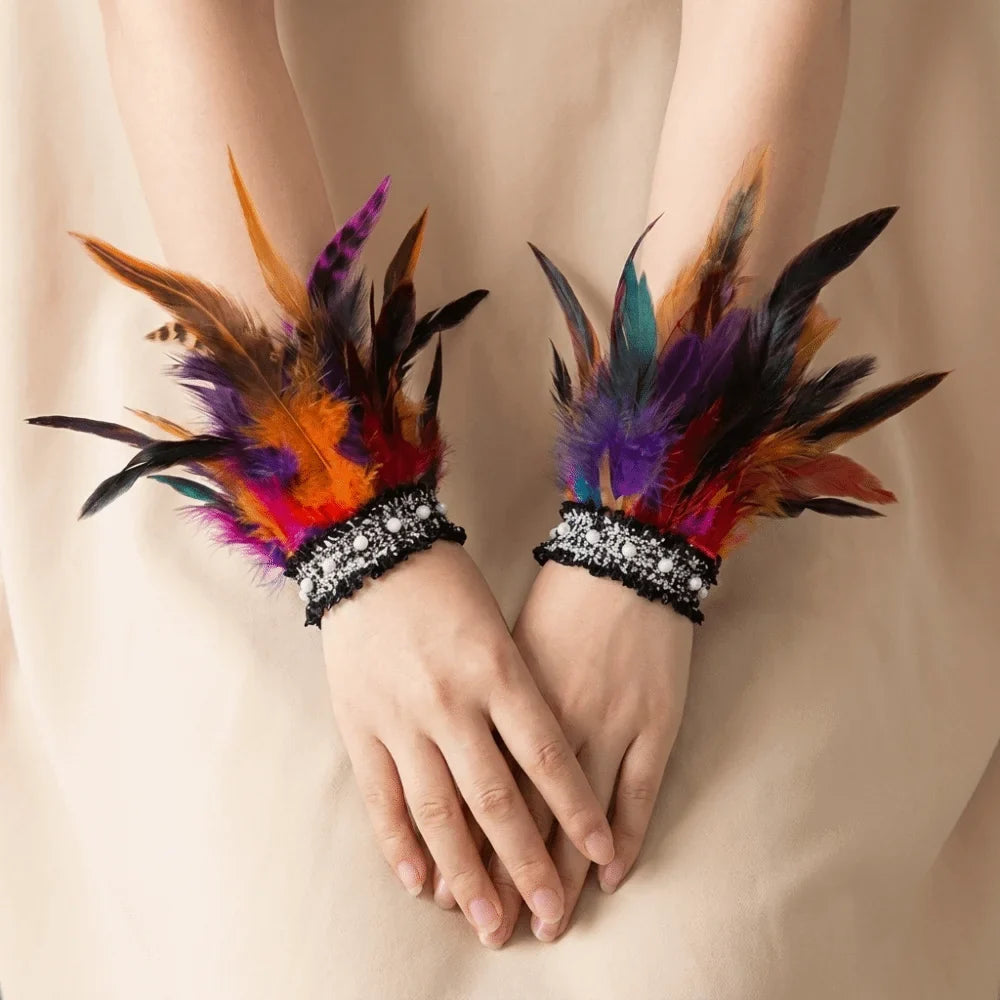Feather Wrist Cuffs – Lace Pearl Arm Cuffs for Halloween & Carnival