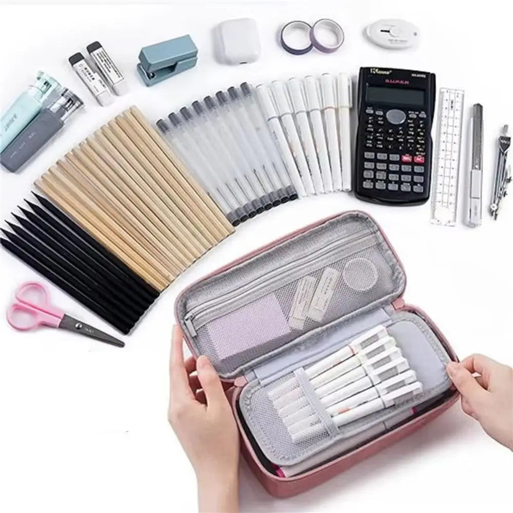 Large Capacity 2-Layer Zipper Pencil Case – Washable Pen Bag