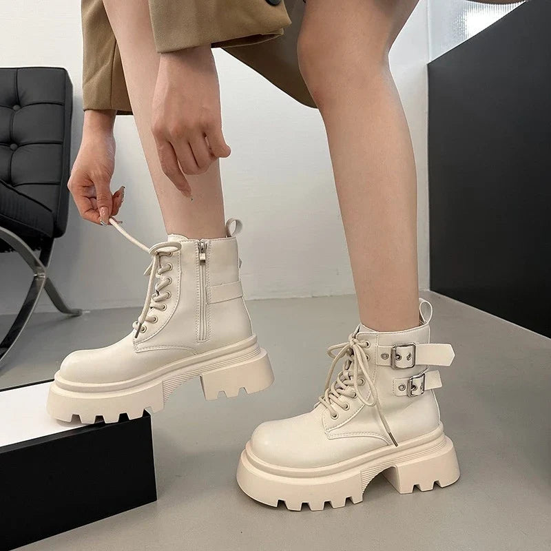 Women's Platform Ankle Boots – Square Heel Zip Buckle Booties
