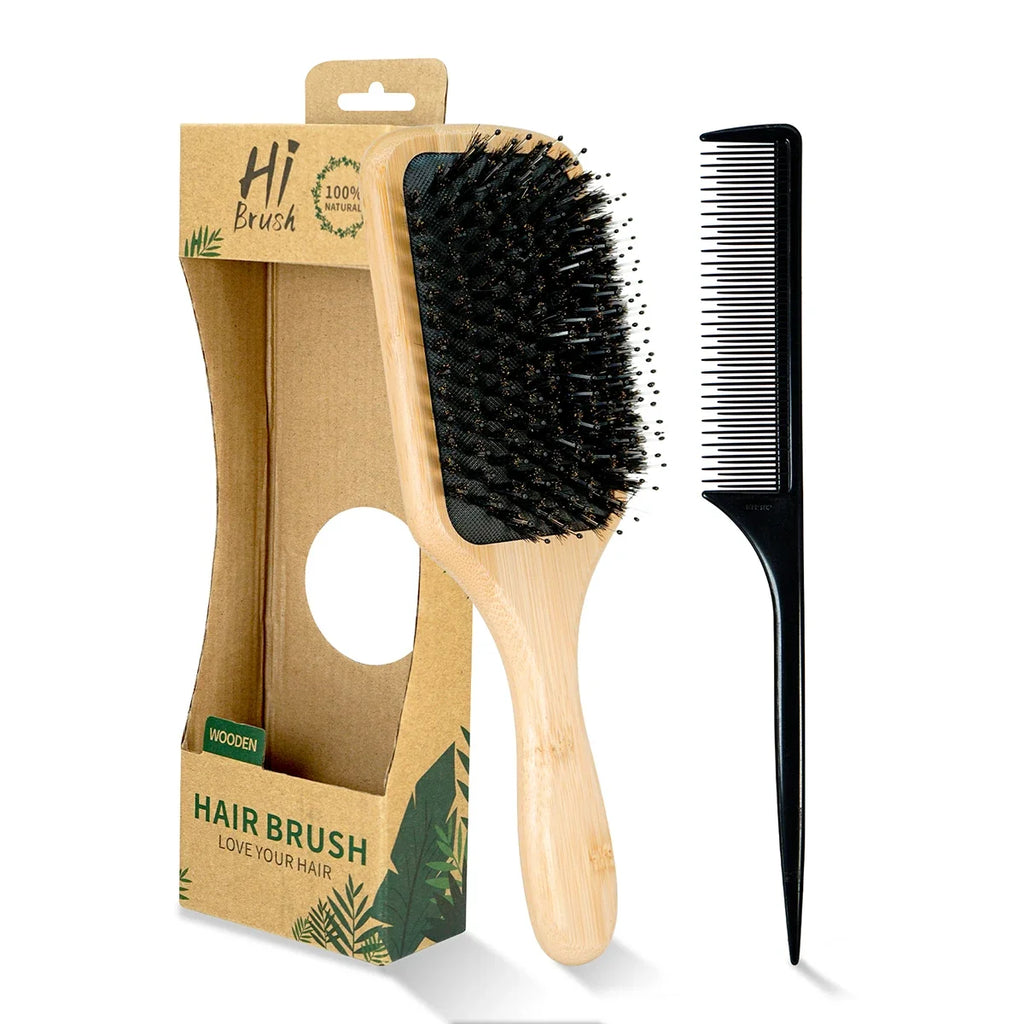 Natural Wooden Hair Brush & Rat Tail Comb Set – 2-in-1