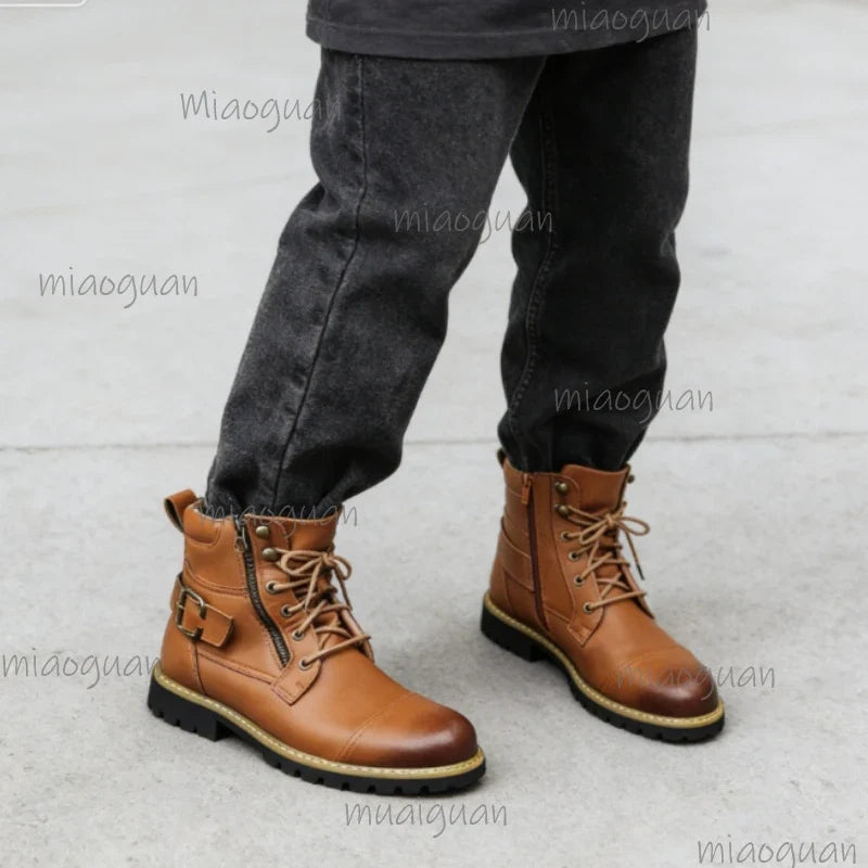 Men's Retro Leather Ankle Boots – Double Zipper Motorcycle Style