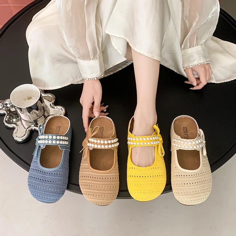 Women's Hollow Knit Bohemian Slippers – Beaded Bow Loafers