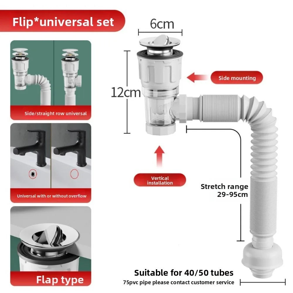 Retractable Flip Drain Pipe Stainless Steel Mesh Adjustable Length
