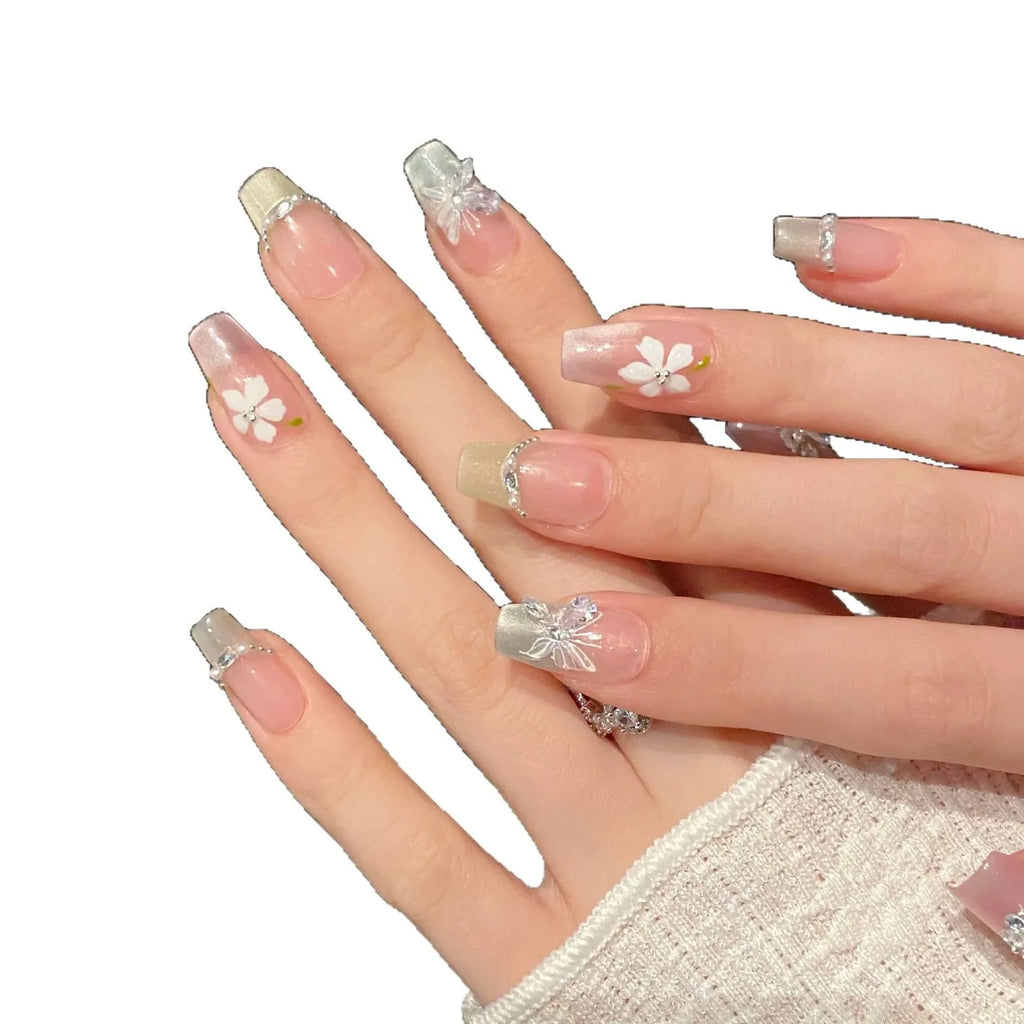 Press On Nails Pink Green Cat Eye Butterfly | Korean French Style