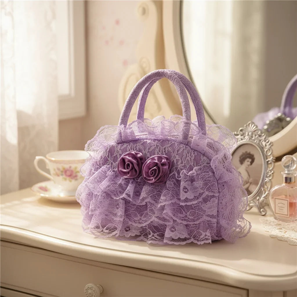 Women's Retro Vintage Handbag with Lace Ruffle Trim