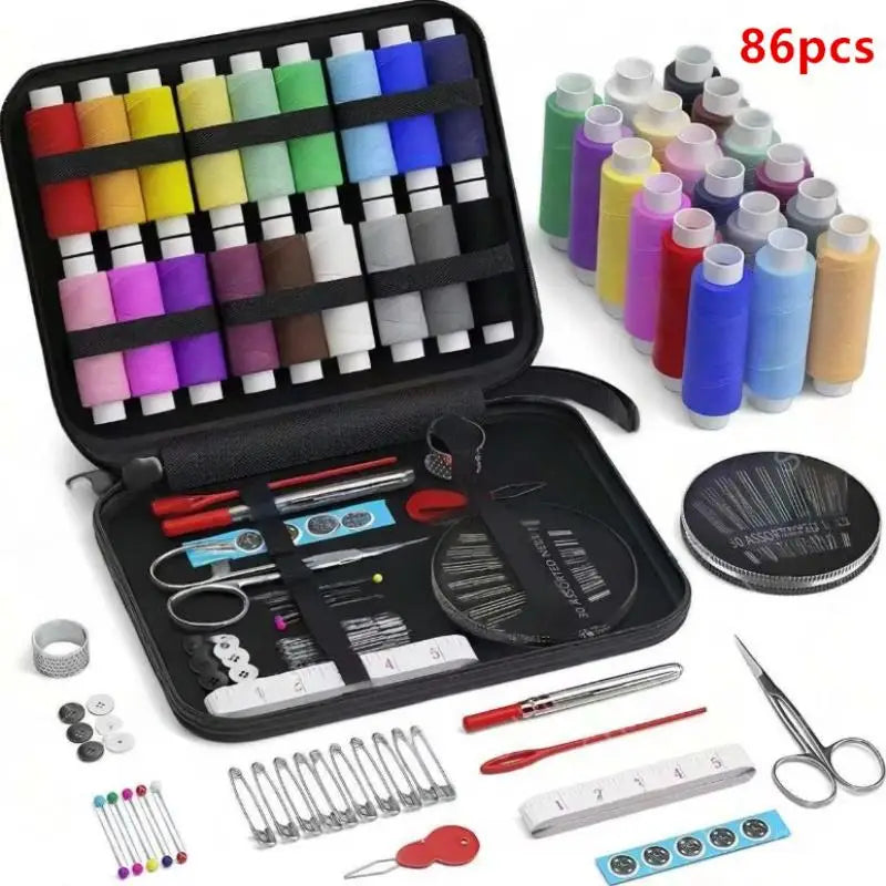 86 Sewing Threads Needles Scissors Tape Measure Buttons Storage Bag