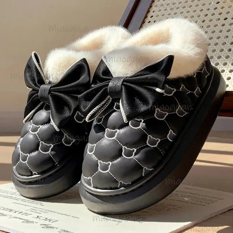 Women's Fluffy Platform Slipper Boots – Bowknot Winter Booties