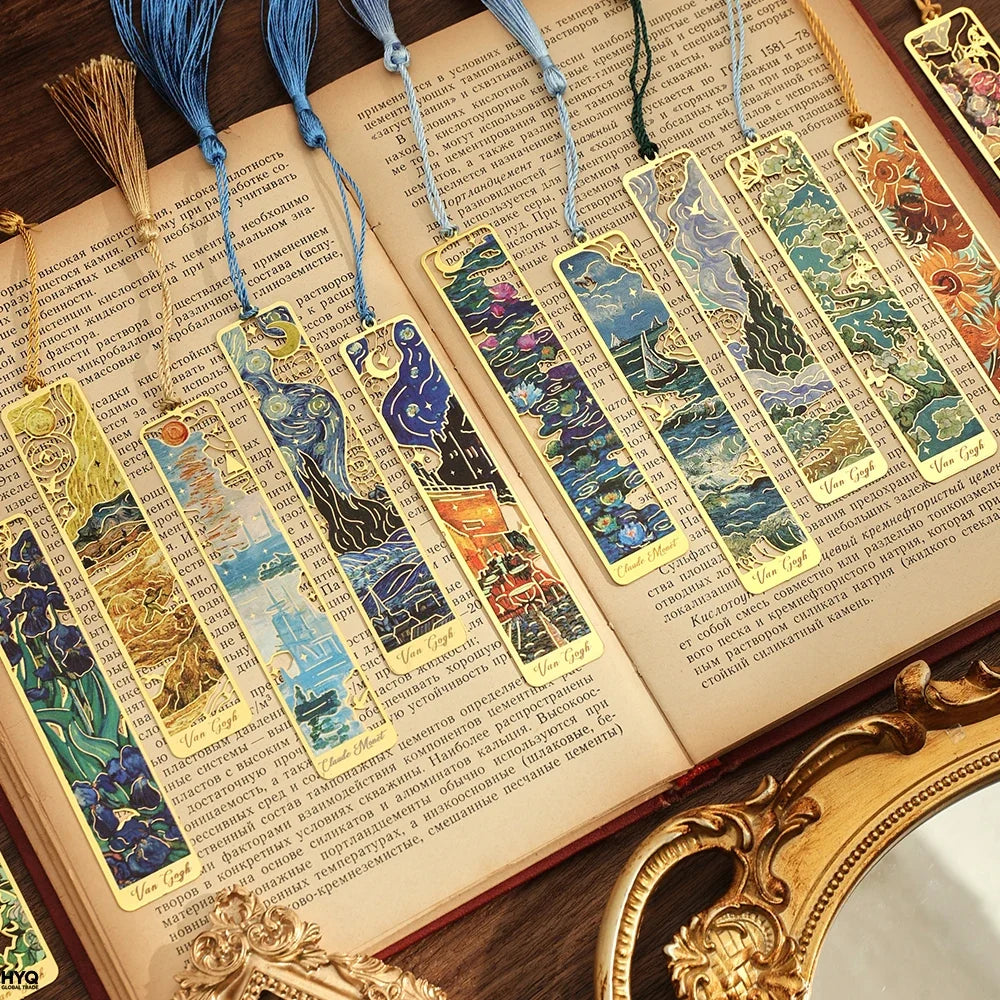 Vintage Painting Metal Bookmark Hollow Long Tassel Students Reading