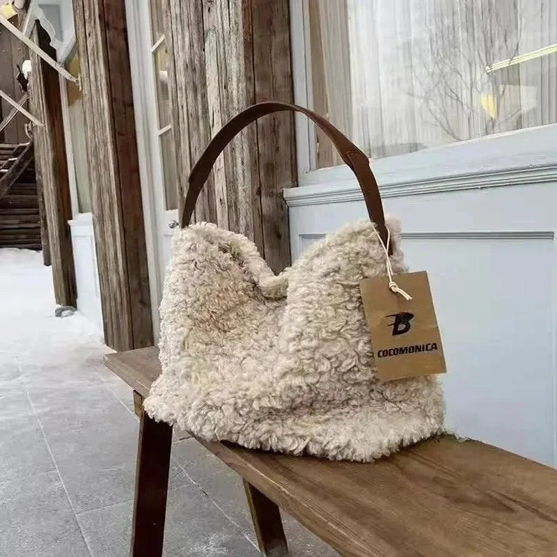 JPXB Lamb Wool Furry Tote Bag – Large Plush Shoulder Bag