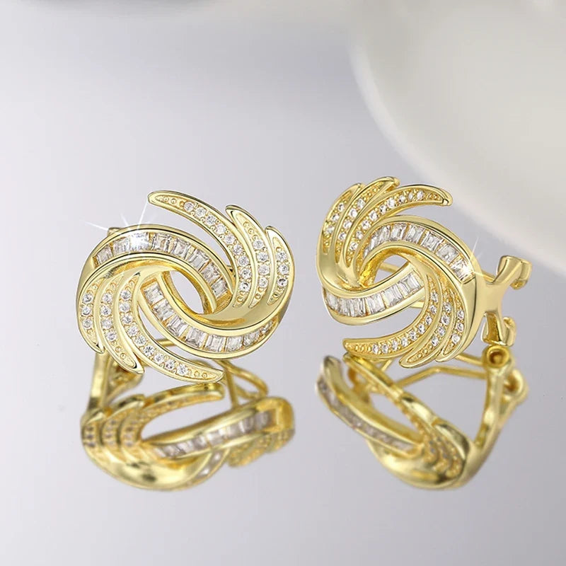 Huitan Gold Cubic Zirconia Stud Earrings | Geometric Fashion