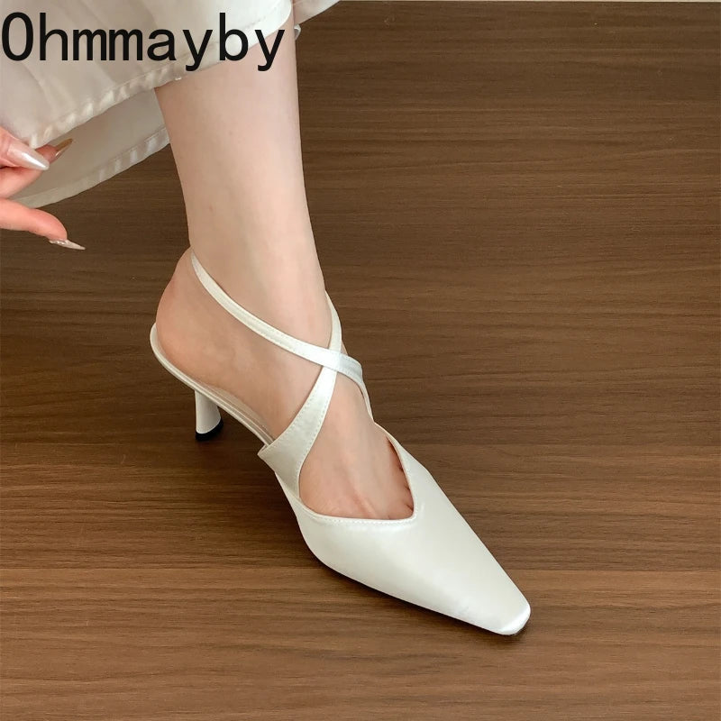 Women's High Heel Sandals – Cross Ankle Strap Square Heel Pumps
