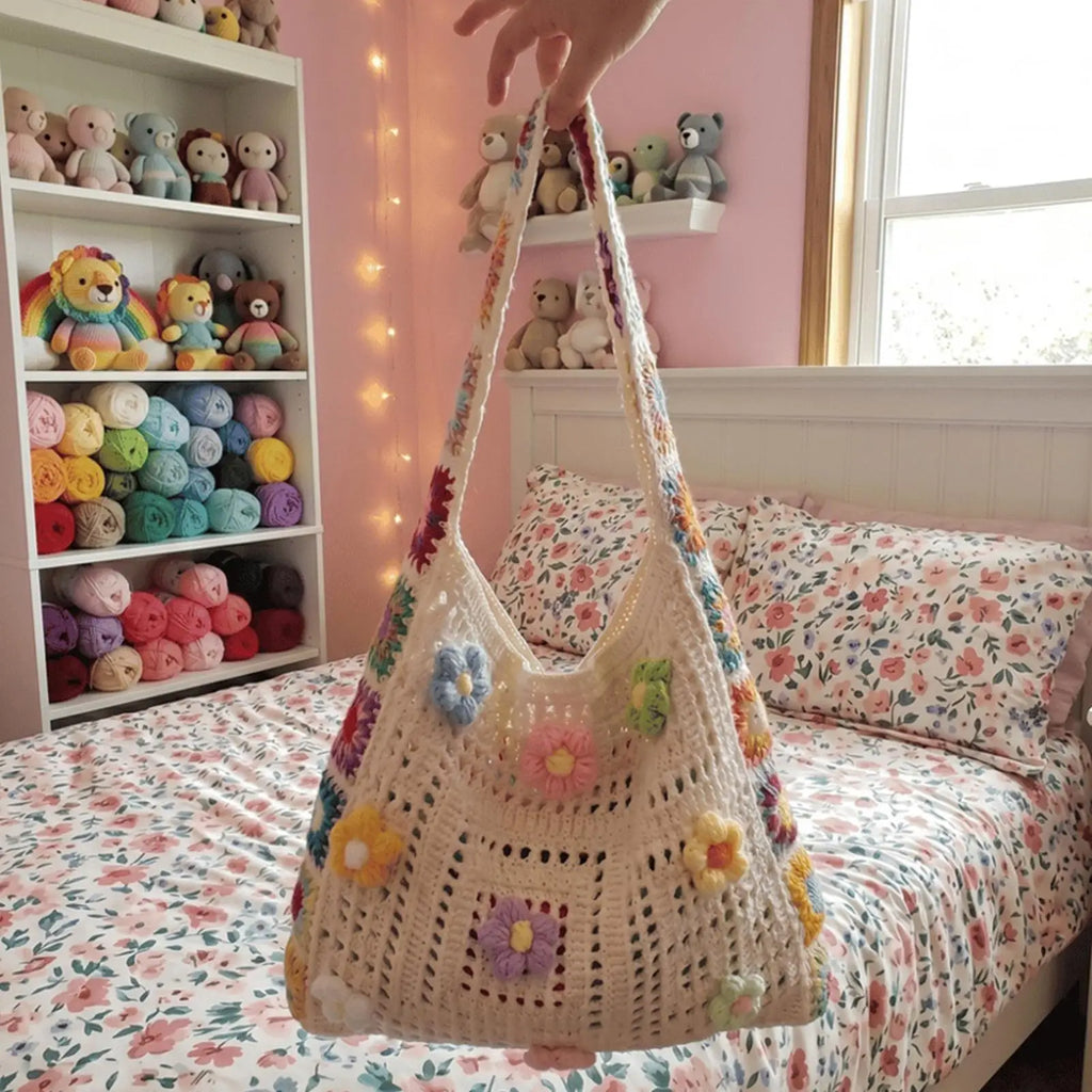Boho Crochet Flower Tote Bag – Woven Beach Shoulder Handbag