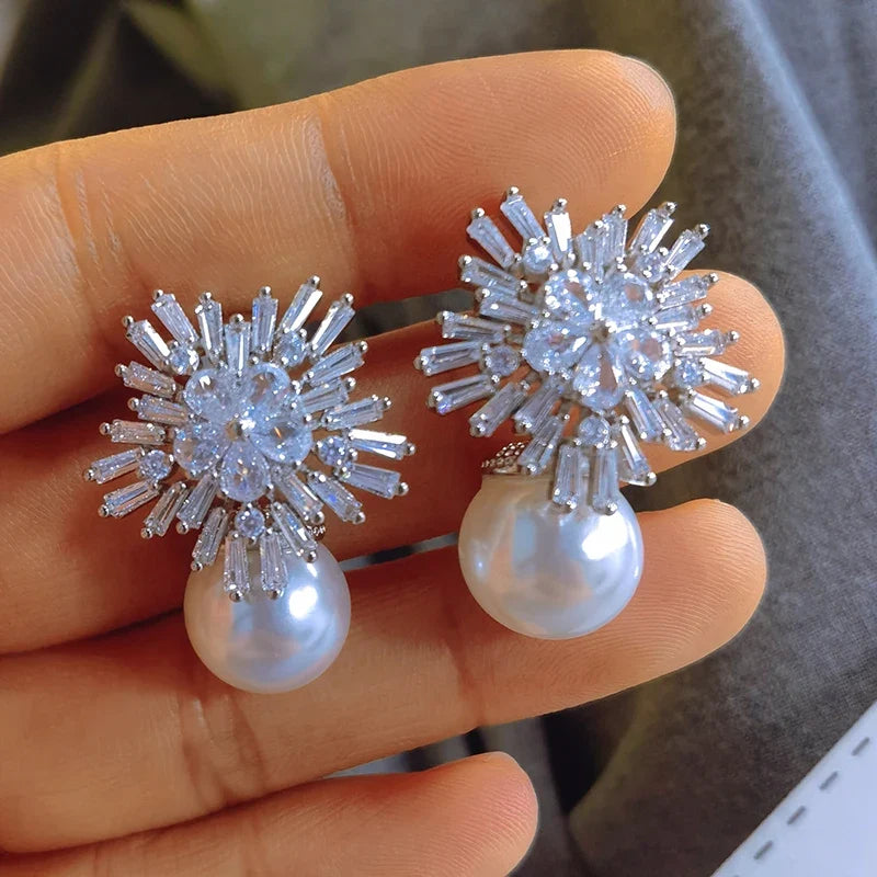 Huitan CZ Flower Pearl Drop Earrings – Wedding & Party Jewelry