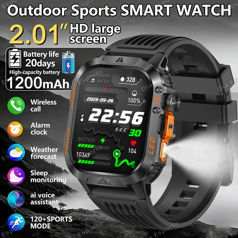Military Smart Watch Men | 1200mAh, Flashlight, IP68 Bluetooth