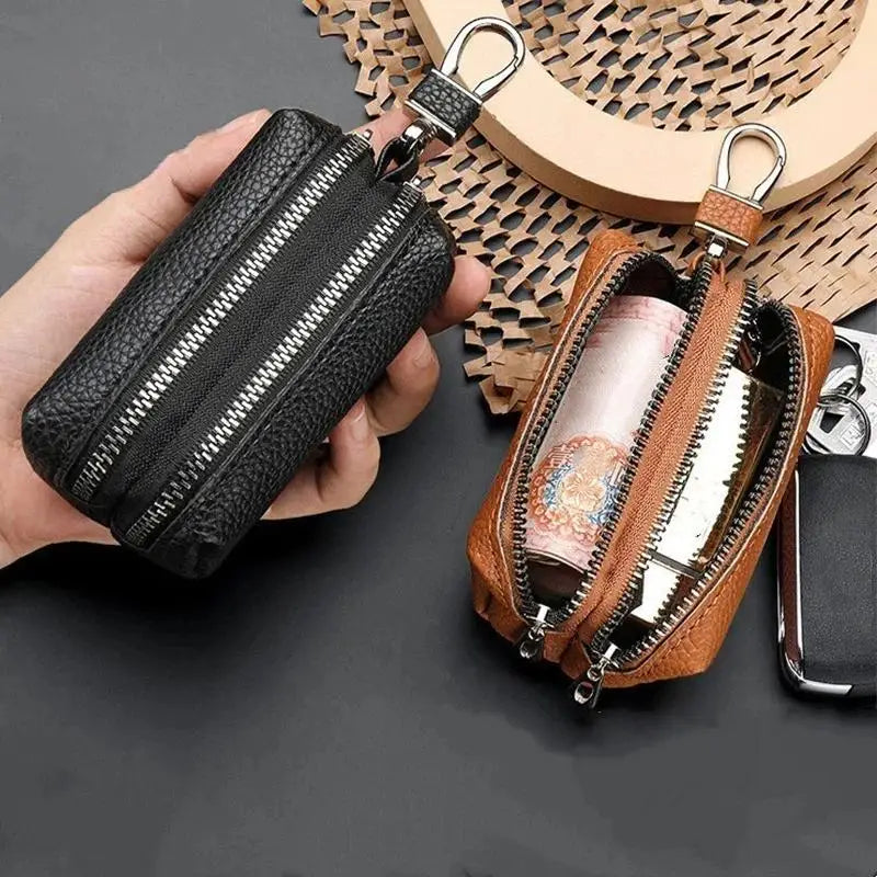 Double Zipper PU Leather Key & Coin Pouch with Metal Clip
