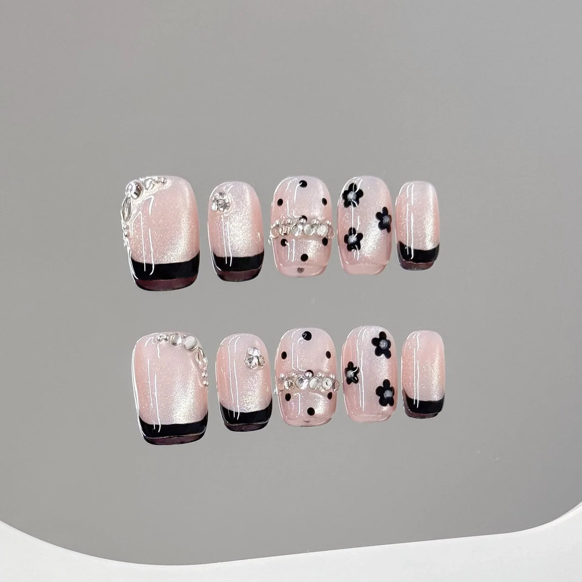 Handmade Pink French Floral Press On Nails | Short Round 10pcs