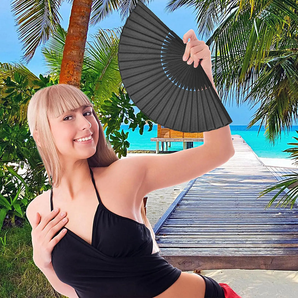 Folding Hand Fan Portable Black Silk Chinese Vintage Classic Cool