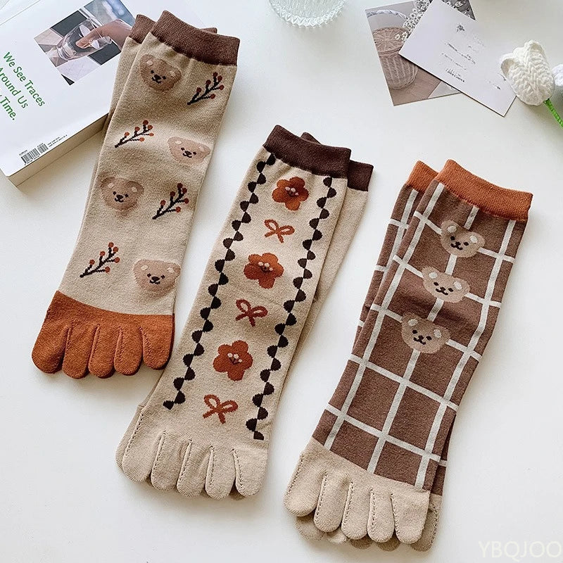 Women's Five Toe Mid Tube Cotton Socks – 3 Pairs, All Season