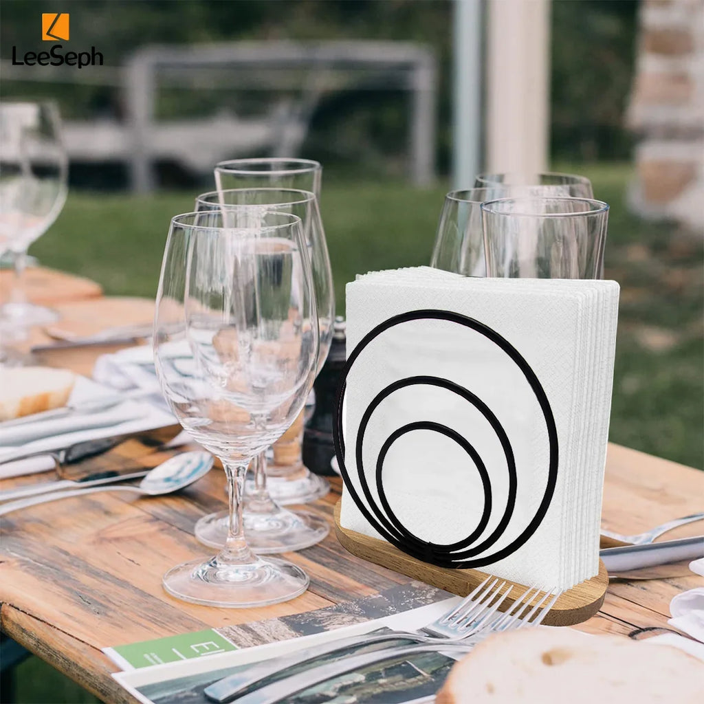 Modern Napkin Holder with Wooden Base | Gold, Black, White