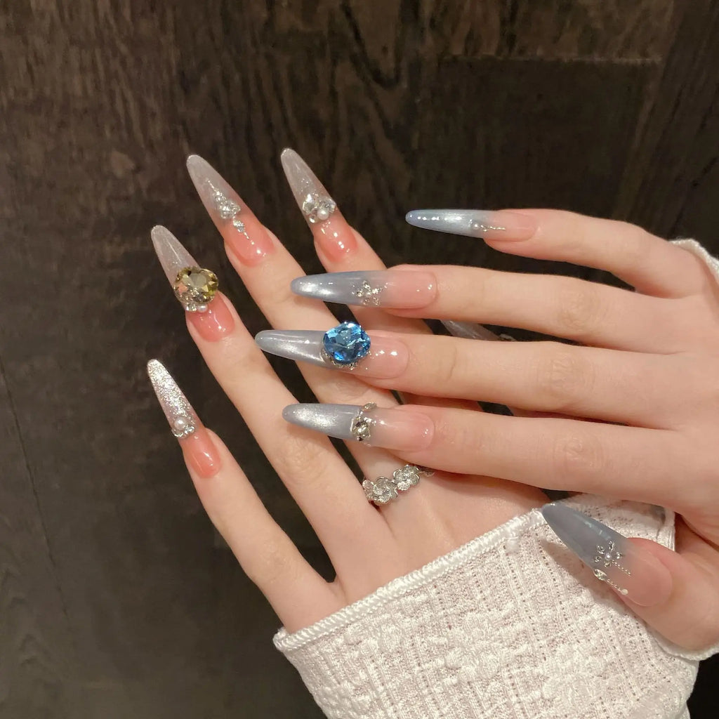 10pc Handmade Long Oval Press On Nails | 3D Cat Eye Crystal