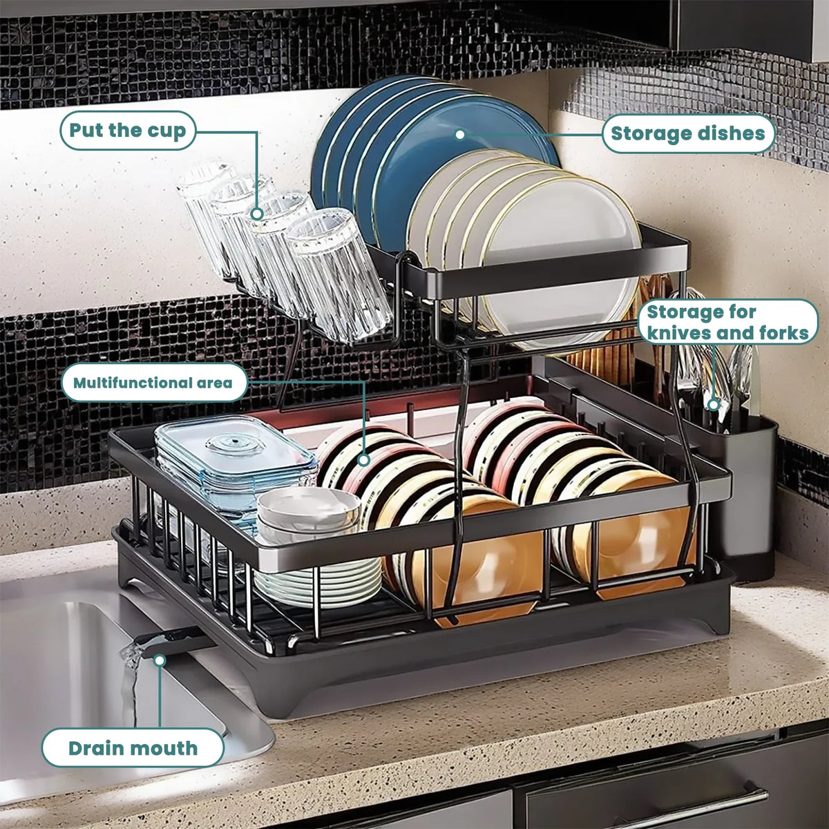Large 2-tier Dish Drying Rack Kitchen Countertops Removable