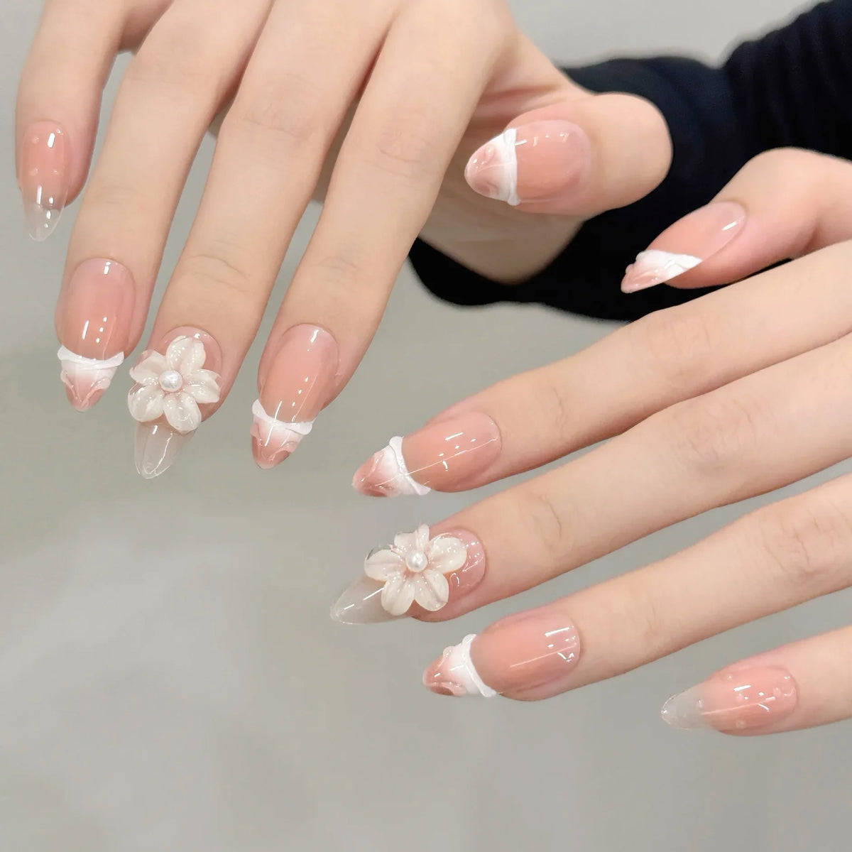 Nude Pink Press-On Nails | Carved Petal French Almond Set 10Pcs