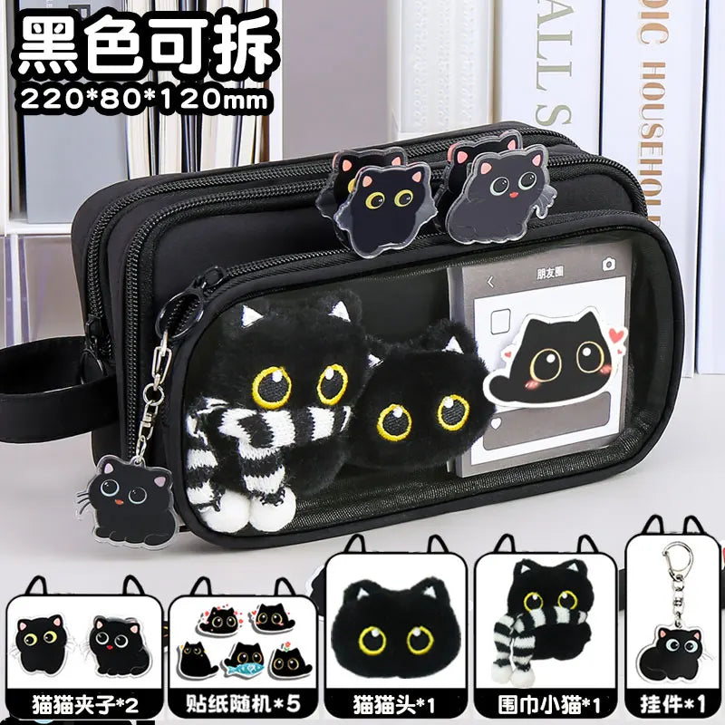 10 Layer Creative Black Cat Design Removable Pencil Case Large