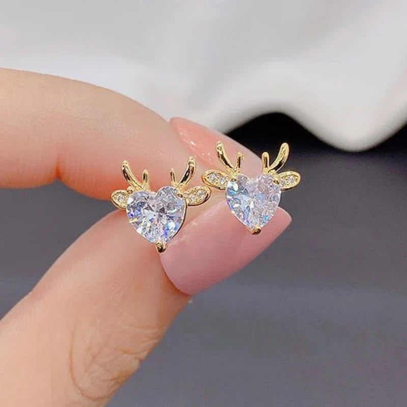 Huitan Elk Stud Earrings – Gold Heart Cubic Zirconia Christmas