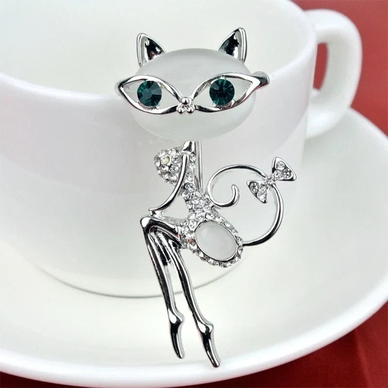 Opal Cat Eye Stone Brooch – Crystal Kitten Pin for Women