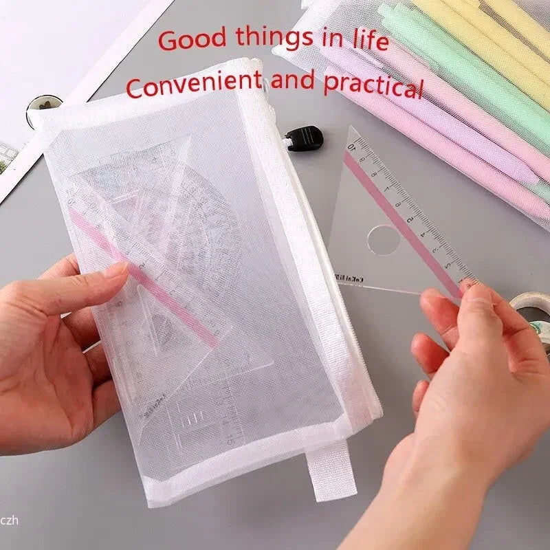 3-Pack Transparent Mesh Zipper Stationery & Document Bags