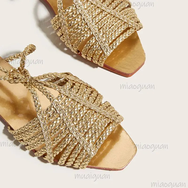 Women's Retro Cross-Tie Gladiator Flat Sandals – Gold Woven