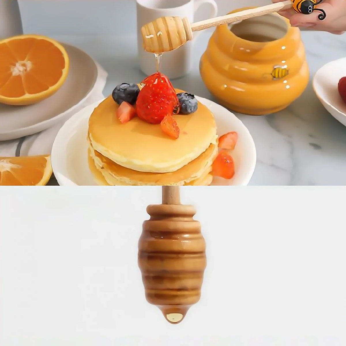 Ceramic Honey Jar with Lid & Wooden Stirring Stick