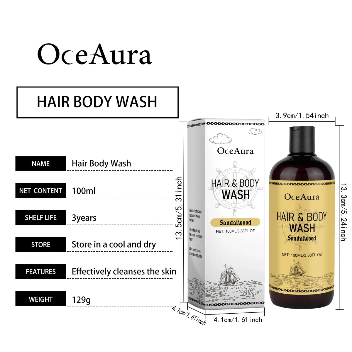 OceAura 2-in-1 Men's Shampoo & Body Wash – Moisturizing Cleanser