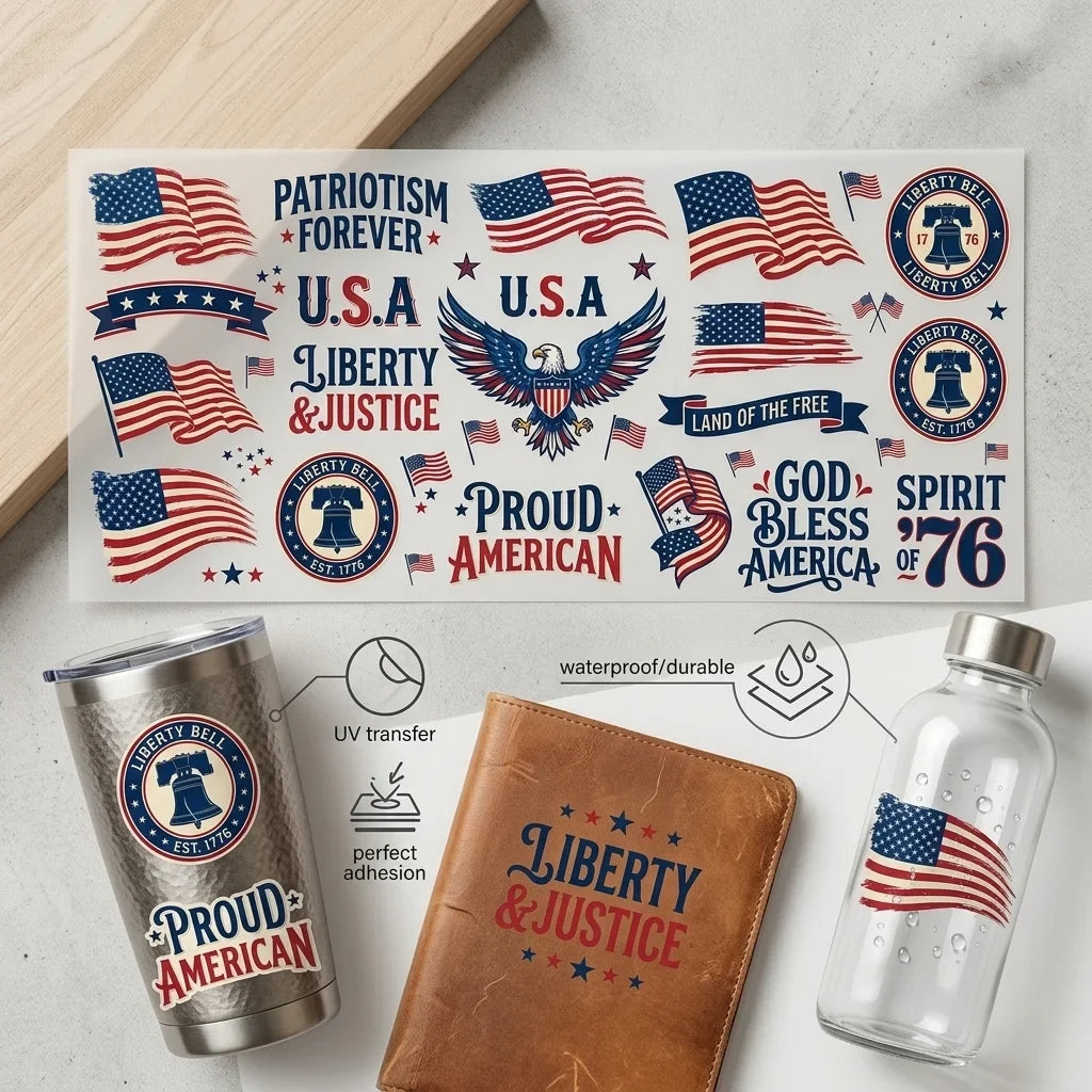 July 4th Patriotic UV Transfer Stickers | USA Flag Eagle Decals