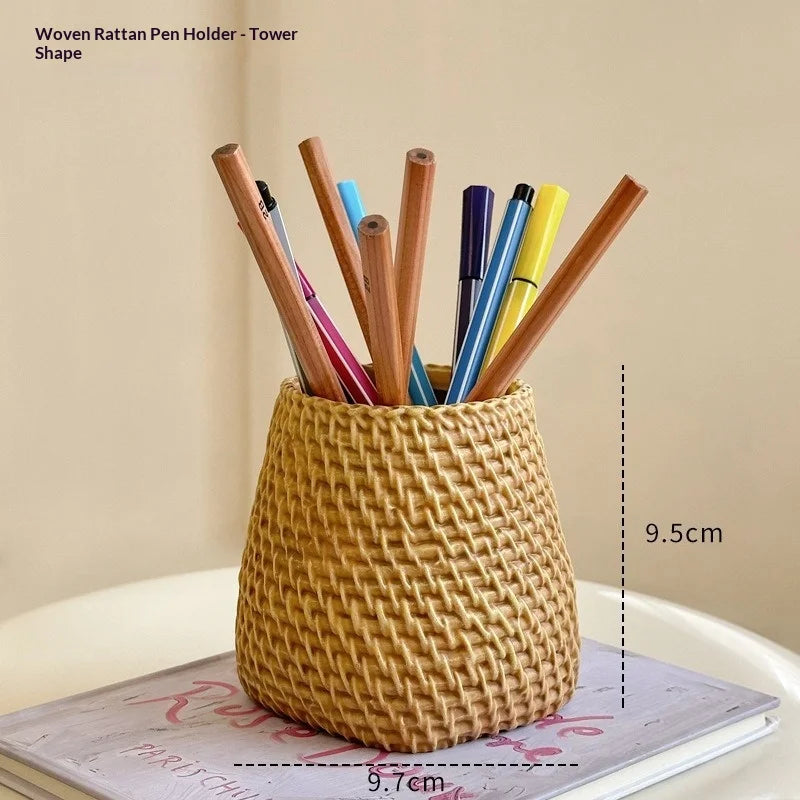 Rattan Pen Holder Desk Waterproof Sturdy School Office Supplies
