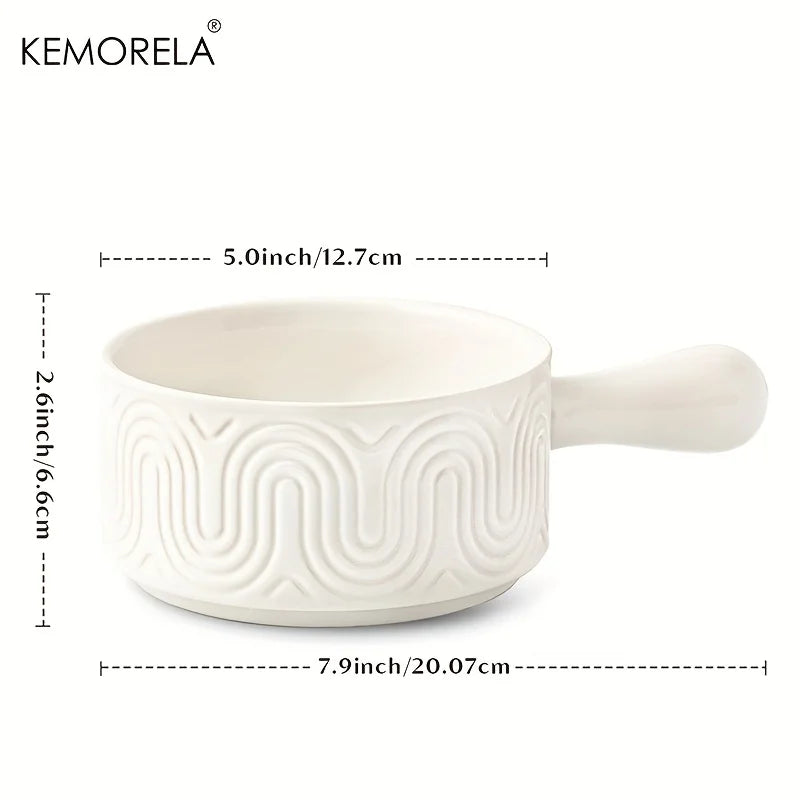 KEMORELA White Ceramic Handled Bowl – Embossed Soup Bowl