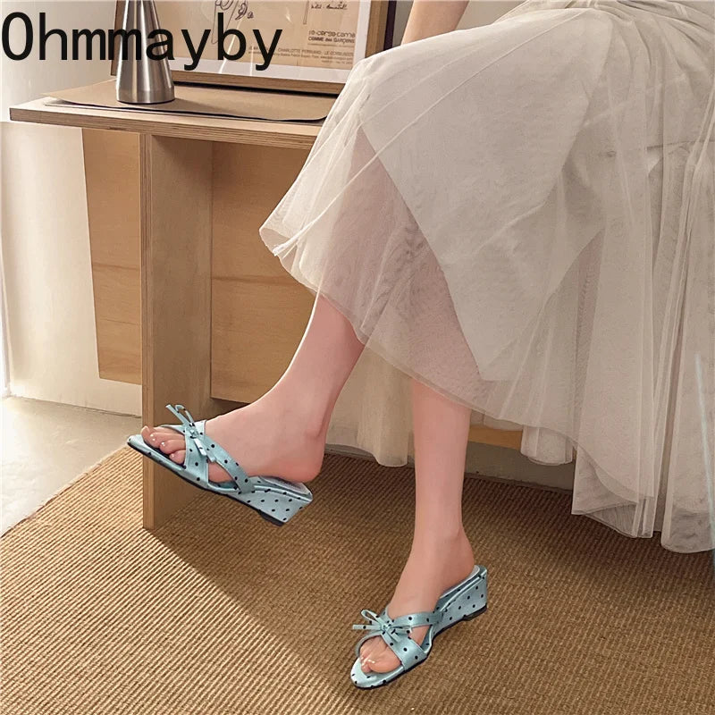 Satin Butterfly-Knot Women Wedge Slippers – Polka Dot Slides