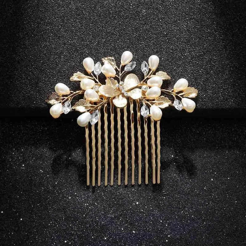 Pearl Bridal Hair Comb – Gold Leaf Wedding Headpiece