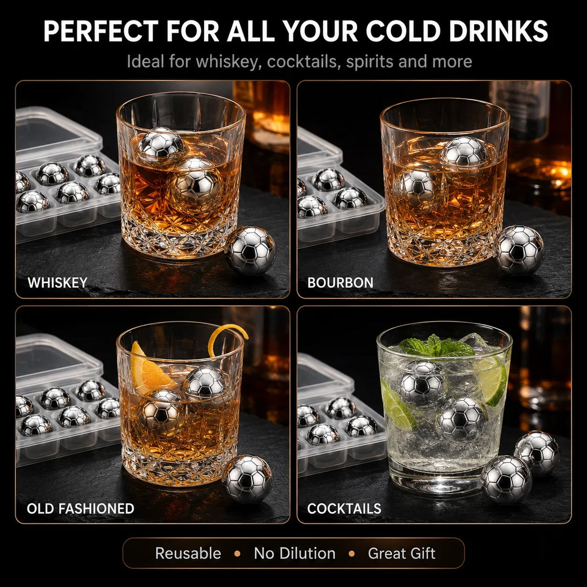 Soccer Ball Whiskey Stones – Steel Chilling Balls with Tongs