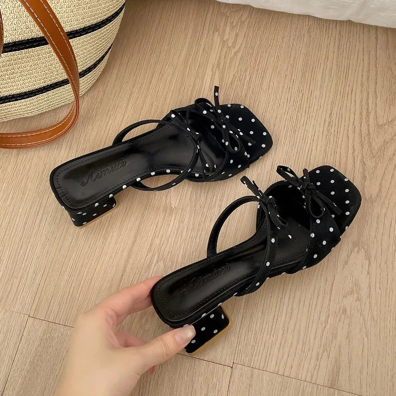 Women's Polka Dot Butterfly-Knot Square Heel Slides Slippers