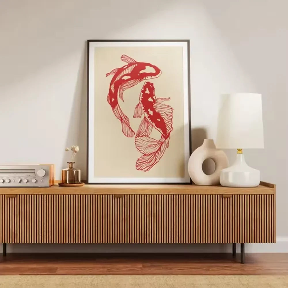 Vintage Red Koi Fish Canvas Wall Art Poster – Unframed