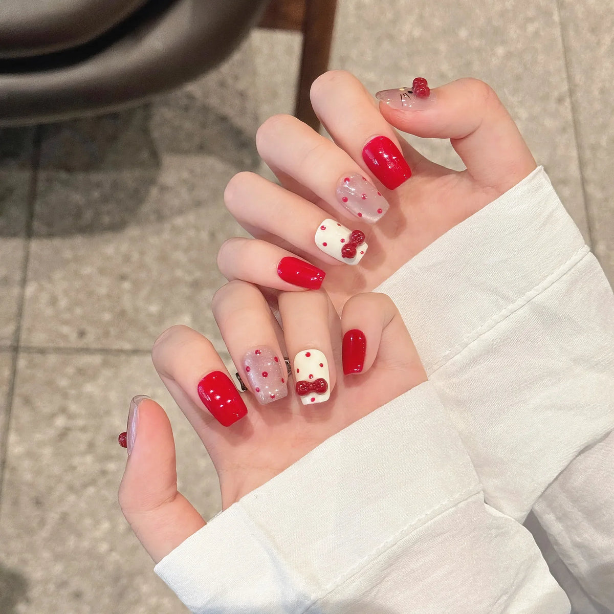 Handmade Press Nails White Black Bowknot French Fake Women Girl