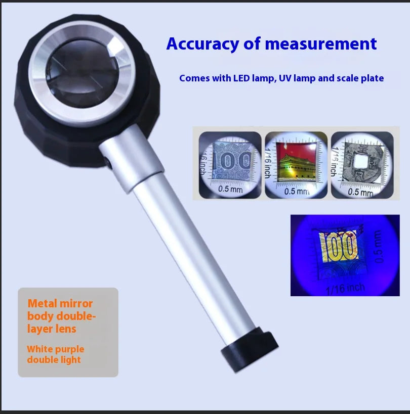 45X Handheld Magnifying Glass with LED & UV Light + Scale
