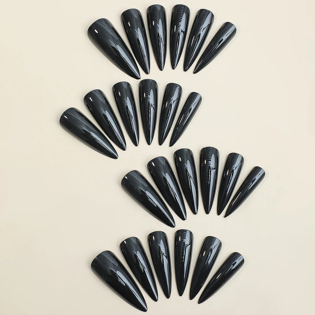 Cool Punk Pointed Tips Fake Nails Classic Solid Gothic Halloween Long