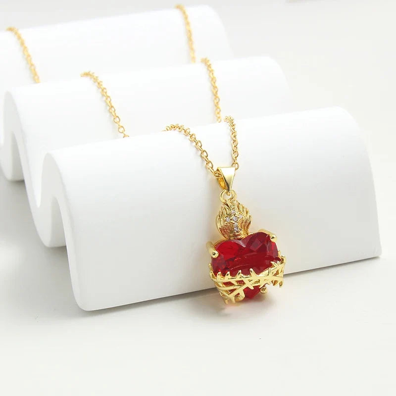 Jesus Cross Choker Necklace – Red Zircon Heart Pendant Women