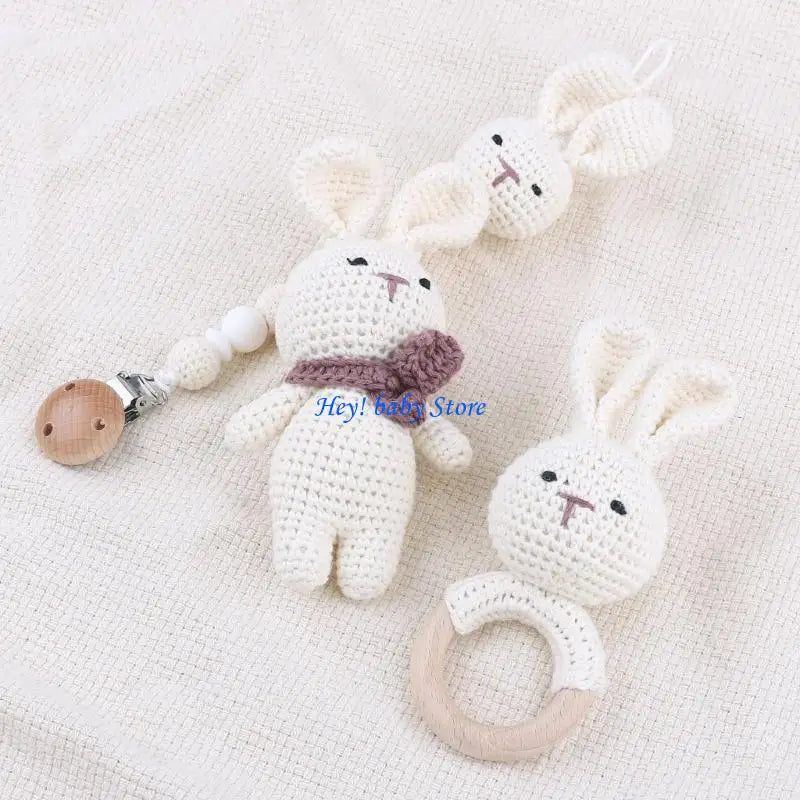 3-Piece Baby Crochet Bunny Rattle & Pacifier Clip Gift Set