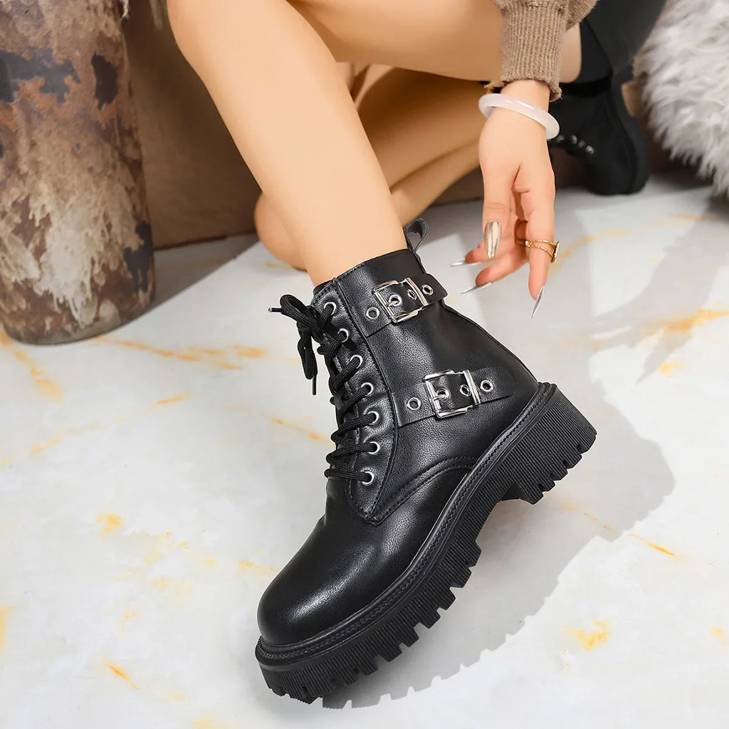 Women's Buckle Lace-Up Ankle Boots | PU Platform Booties