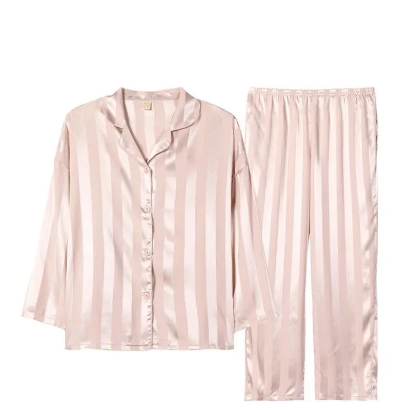 Women's Ice Silk Striped Pajama Set – Long Sleeve Sleepwear