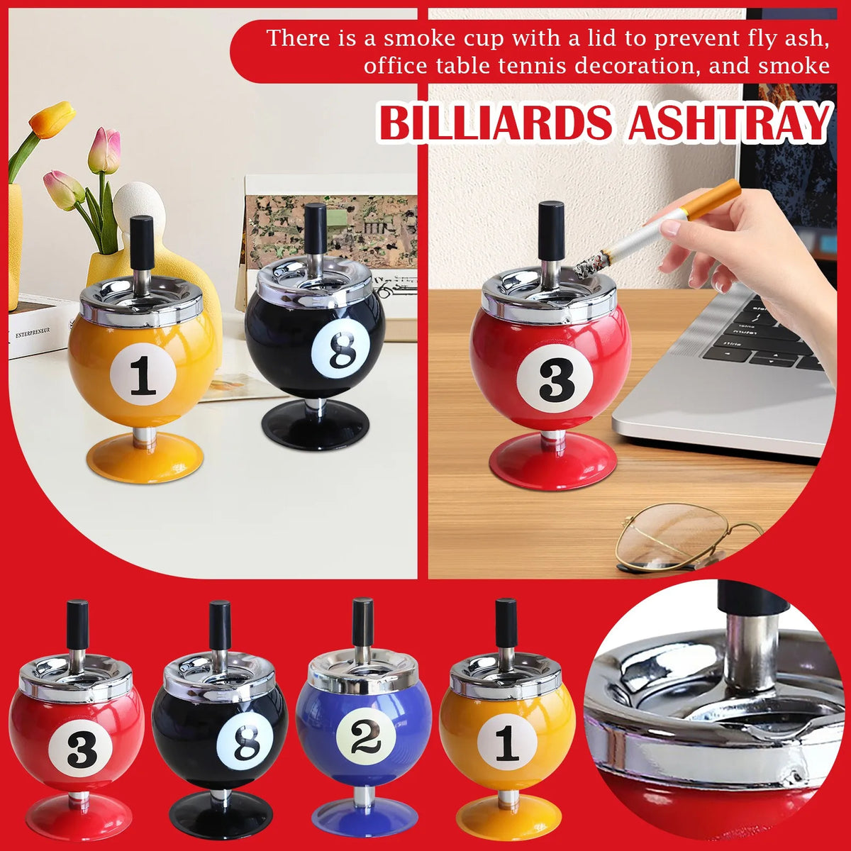 Billiard Ashtray with Lid – Windproof Metal Cigar Ashtray