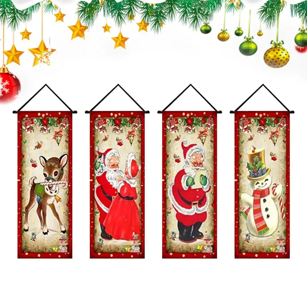 Christmas Banner 4-Piece Set – Santa Snowman Elk Porch Sign